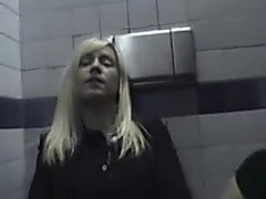 Lesbian Babes inside McDonalds restroom with biggest fake penis